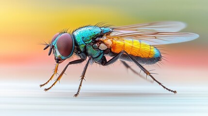 Fototapeta premium Close-up of a vibrant iridescent blue and orange fly.
