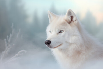 Naklejka premium Portrait of a beautiful white wolf in the winter forest.