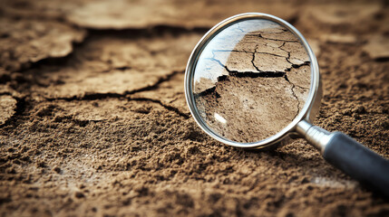 Magnifying glass over dry ground. Illustrates environmental study and soil analysis concepts.