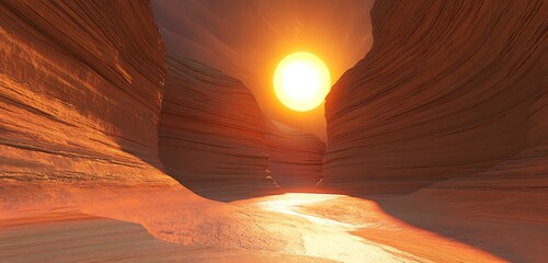 Mystical canyon with layered textures in warm tones under a glowing sun