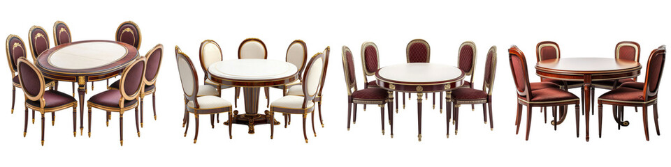 Fototapeta premium Elegant formal dining room interior featuring a luxurious wooden dining table with matching chairs arranged in a classic stylish setting for hosting meals and gatherings