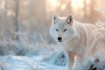 Fototapeta premium Portrait of a white wolf in a snowy forest in winter.