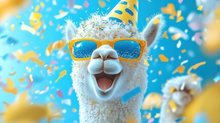 Naklejka premium Festive Alpaca: Happy Birthday, New Year's Eve, and More! Animal Greeting Card with Party Hat, Sunglasses, and Confetti on Blue Background