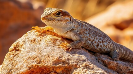 Naklejka premium A Stunning Close-Up of a Lizard Basking on a Sun-Drenched Rock in the Desert