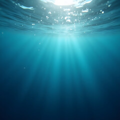 Obraz premium Under the deep blue sea with tiny bubbles, light rays, bokeh and rippled water surface texture oceanic
