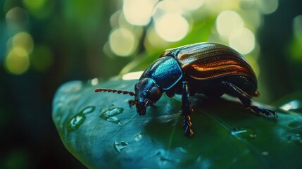 Naklejka premium A Jewel Beetle on a Dew-Kissed Leaf