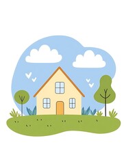 Fototapeta premium Charming Yellow House Surrounded by Lush Greenery and Blue Sky with Fluffy Clouds