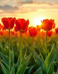 Obraz premium A group of tulips on the background of the rising sun.