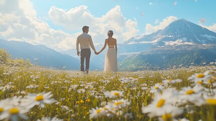 A romantic couple standing hand in hand in a field of daisies with a scenic mountain backdrop, framed by flowers