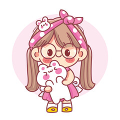 Cute girl of a girl standing holding a cute cat character cartoon Vector