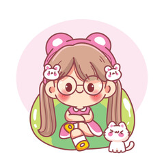 Cute girl sitting on a sofa with a cat character cartoon Vector