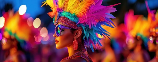 Fototapeta premium Radiance Gratification Celebration style. Vibrant carnival scene featuring a woman in colorful feathers and sunglasses.