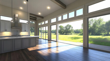 Fototapeta premium Modern Kitchen with Sunny Field View 3D Illustration