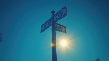 Sunlight Glare on Street Sign Indicating Two Directions with Clear Blue Sky Background in Urban Landscape Photography