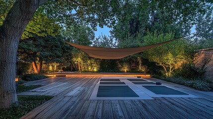 Serene outdoor yoga deck at twilight, illuminated with soft lighting under a shade sail.