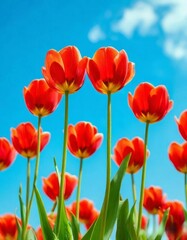 Fototapeta premium tulips with rich green leaves and a warm abstract blue background
