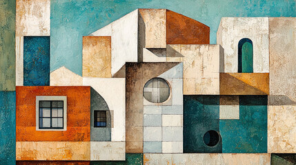 An Abstract Painting Suggestive of Architecture, Geometric Shapes, Bold Lines, and Structural Forms, Evoking a Modern and Artistic Interpretation of Buildings and Urban Design, Perfect for Contemporar