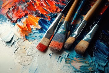 Fototapeta premium Painterly brushes resting on a vibrant, textured canvas of mixed oil paints.