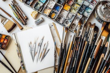 A collection of well-used paintbrushes, watercolor paints, and a sketch of brushes on paper.