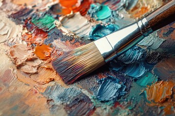 Obraz premium A paintbrush rests on a palette with vibrant, textured oil paints in various colors.