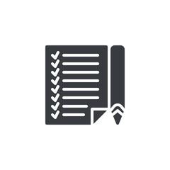 A sheet of paper with check mark and pencil vector icon