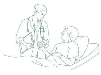 Doctor and senior patient talking in hospital room