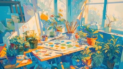 Colorful artist studio with vibrant paintings, brushes, and creative chaos, capturing the essence of artistic expression.