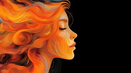 Vibrant Profile of a Woman with Flowing Orange Hair in a Bold Abstract Style, Capturing Movement and Emotion in a Stunning Digital Design