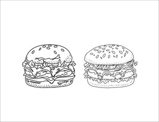 hand drawn illustration of a burger. Set of hand drawn hamburger, burger. Set of doodle style hamburger, burger. Vector illustration