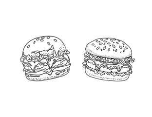 hand drawn illustration of a burger. Set of hand drawn hamburger, burger. Set of doodle style hamburger, burger. Vector illustration