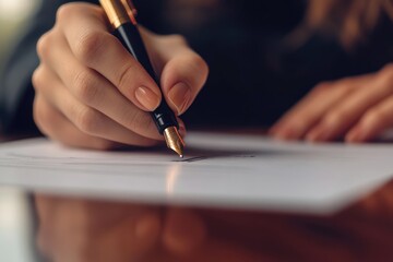 Close-up of a hand elegantly writing with a gold fountain pen on a white paper.