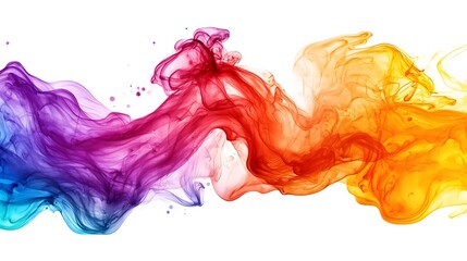 Fototapeta premium A vibrant swirl of colorful smoke or ink, blending hues of purple, blue, red, orange, and yellow against a white background.