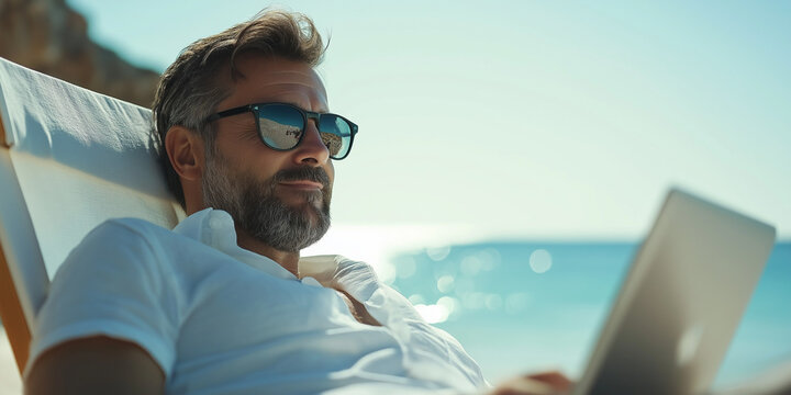 remote working lifestyle concept: businessman using laptop on beach