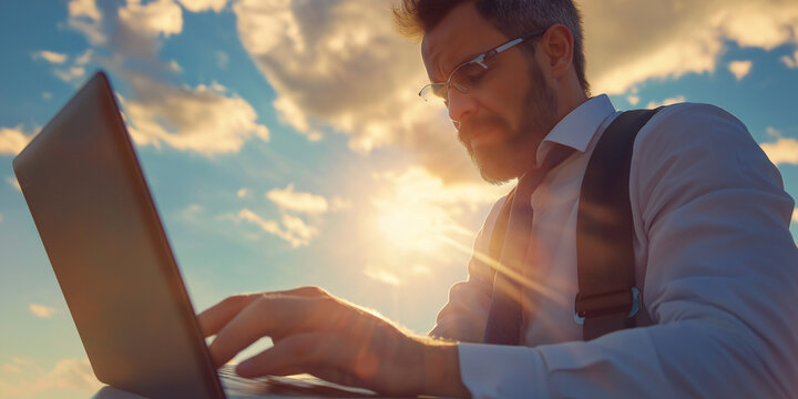 remote working lifestyle concept: businessman using laptop on beach