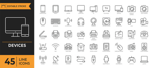 Devices icon set. Containing Gadget, technology, mobile, computer, tablet and more. Vector illustration