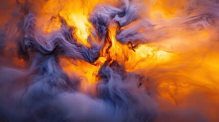 Abstract fiery and smoky cloudscape, swirling colors of orange and purple, intense vibrant hues, ethereal and dramatic atmosphere, artistic and creative, unique visual texture