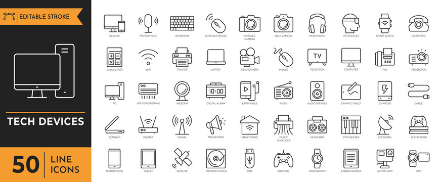 Tech Device icons set. Electronic devices and gadgets icons. Vector illustration.