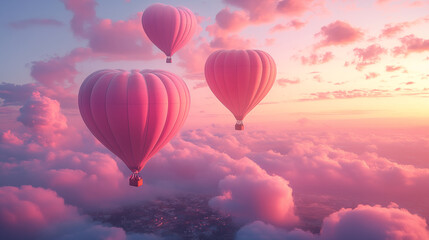 Obraz premium Hot air balloons floating through pink sunset clouds, dreamy adventure concept