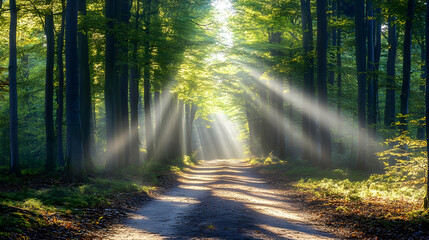 Fototapeta premium Sunbeams illuminate forest path, misty morning, tranquil woods, nature photography, serene landscape.