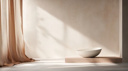 Minimalist beige room interior with sunlight, curtain, and empty bowl on a platform.