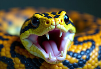 Obraz premium Close-Up of Vibrant Yellow and Black Snake with Fangs Bared