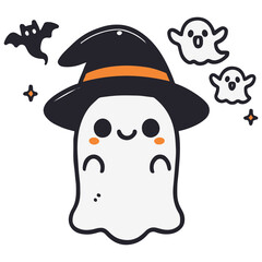 Cute ghost wearing witch hat for Halloween Trick or Treat. Funny spooky boo character. Spook phantom with happy smiling face expression. kids flat vector illustration