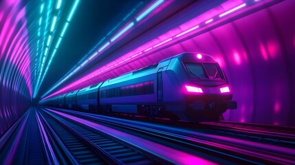 Obraz premium neon train in futuristic tunnel - cyberpunk aesthetics