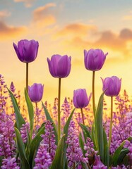 tulips , set against a fiery orange background