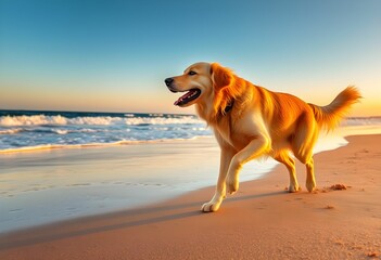 Golden Retriever Running on the Beach at Sunset