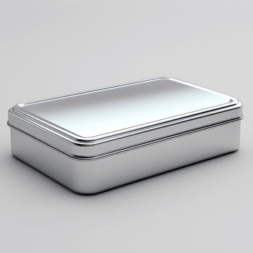 A sleek silver rectangular metal tin box.
