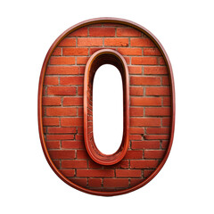 3D Red BrickTextured Number 0 Isolated on White Background, Cut Out