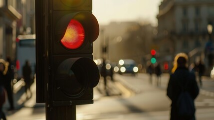 Close-up of a traffic light on a city street, symbolizing urban traffic regulation and order, representing transportation safety and city infrastructure concepts.