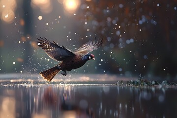 Pheasant Bird Flies Over Water at Dawn