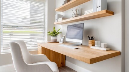 A compact home office setup in a small living space with a desk, chair, and wall-mounted shelves, maximizing functionality